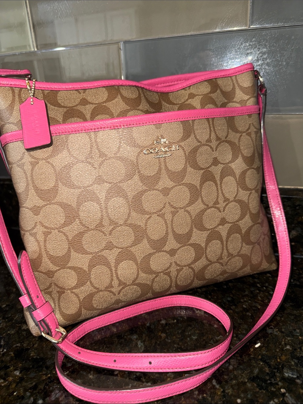 Coach Brown Signature Crossbody with Pink Trim